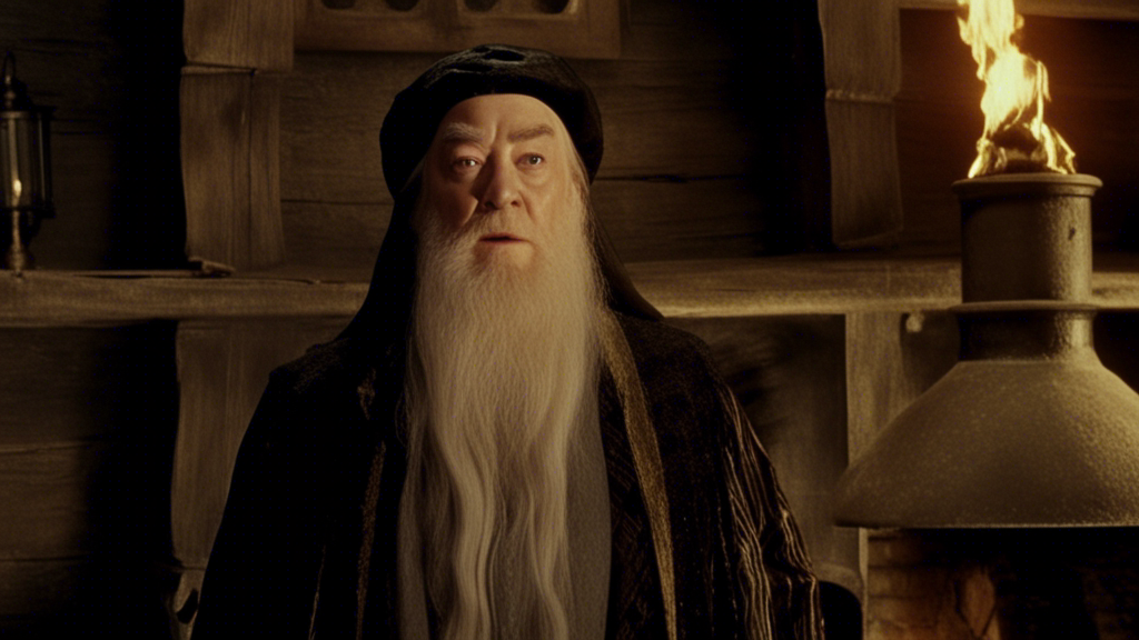 Dumbledore appearing infront of chimney inside an old wooden house generated with Sora Video AI