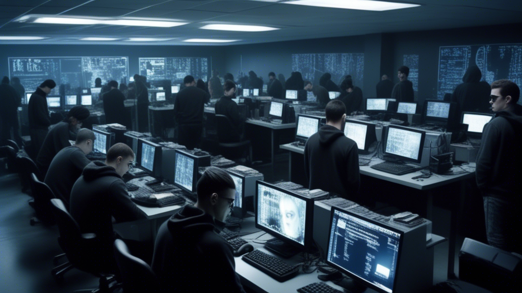 Room full of hackers working on computers, style like Mr Robot, Elliot from MR robot generated with Sora Video AI