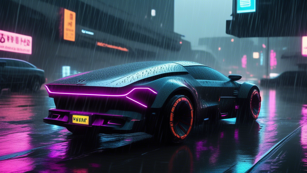 cyberpunk car, realistic, rain, driving generated with Sora Video AI