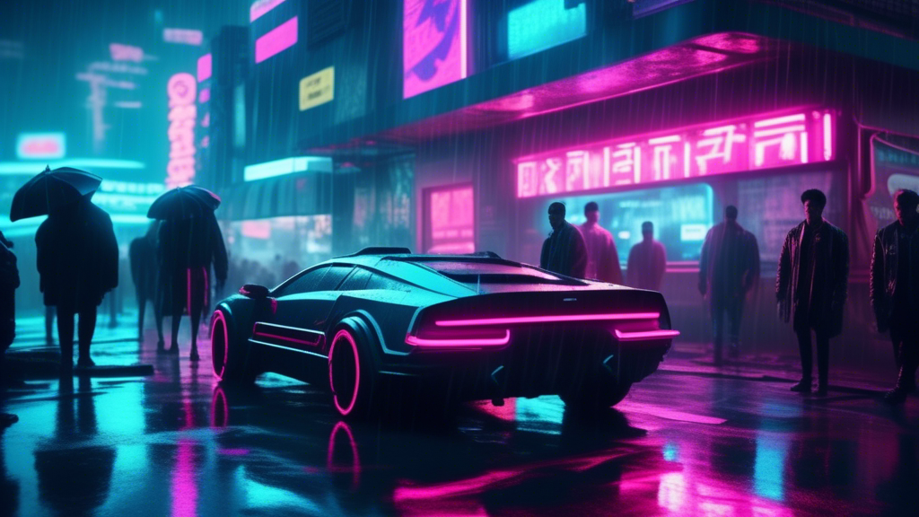 ambient cyberpunk car, raining, camera fixed position, neon signs in background, people walking generated with Sora Video AI