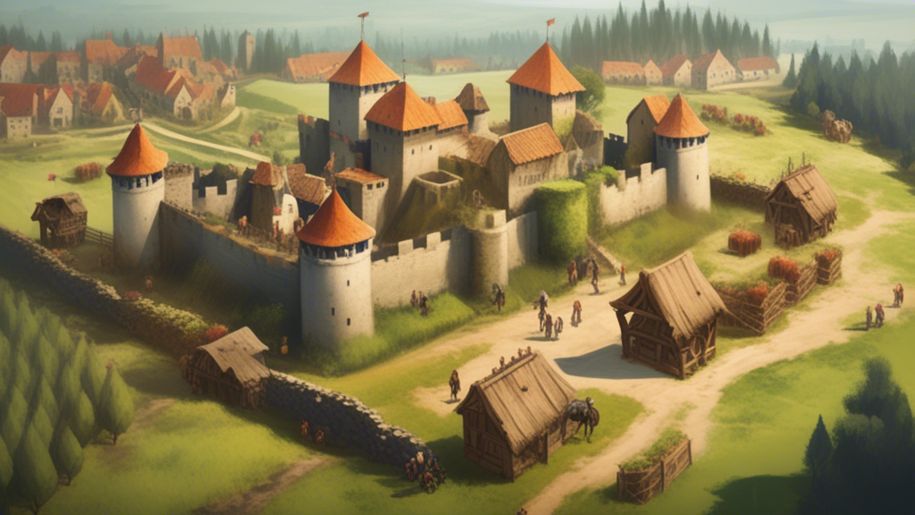 stronghold castle, people walking, farms generated with Sora Video AI