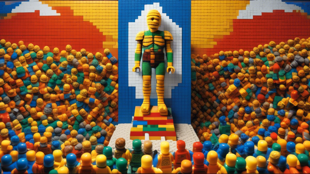 michael angelo, god meets human, background full of lego bricks generated with Sora Video AI