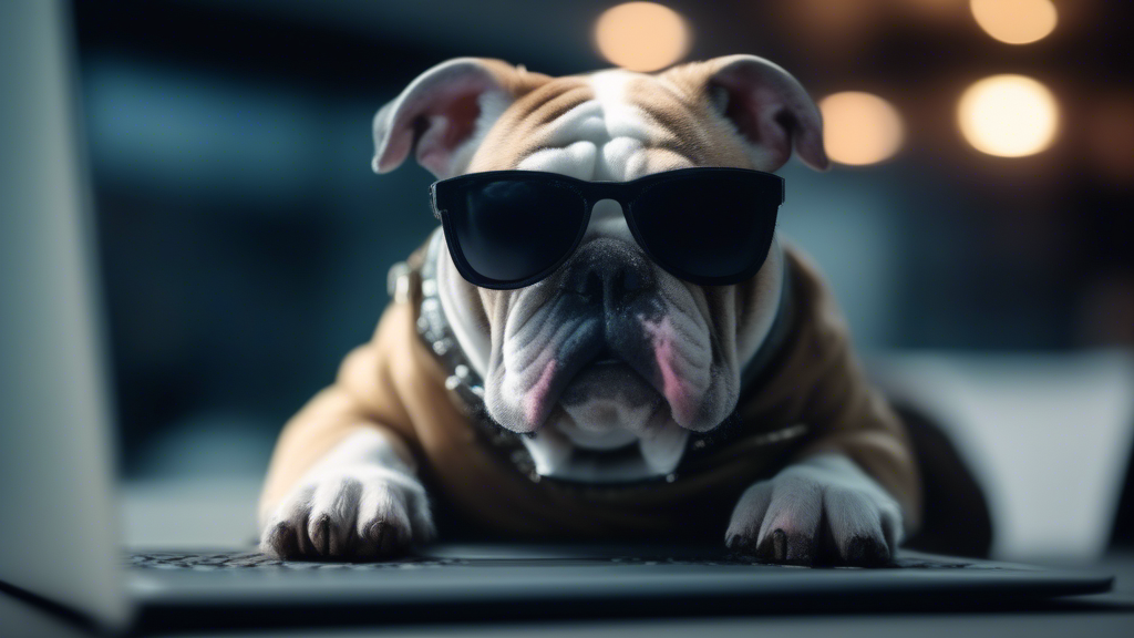 bulldog with sunglasses, hacker, laptop, mr robot style generated with Sora Video AI