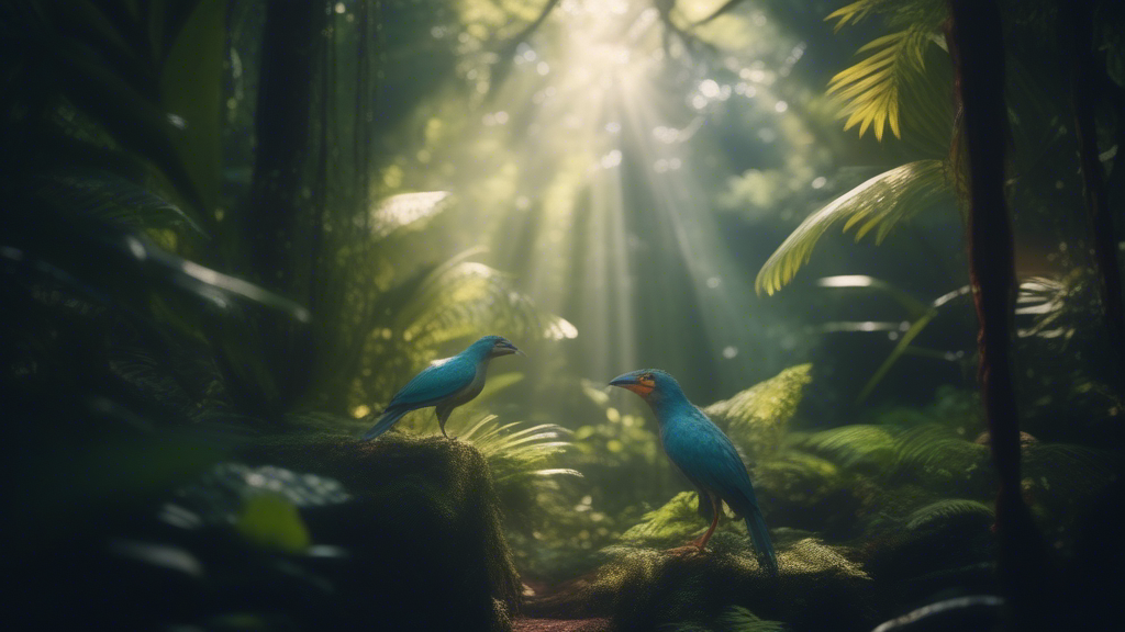 rainforest, paradise, bird, sunrays generated with Sora Video AI