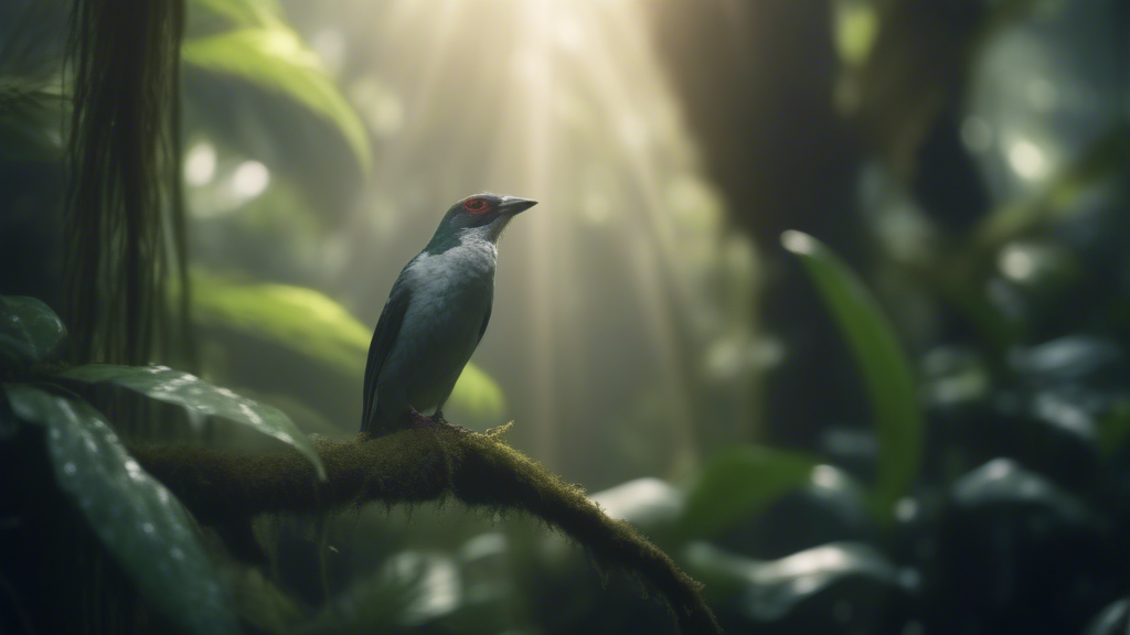 rainforest, paradise, bird, sunrays generated with Sora Video AI