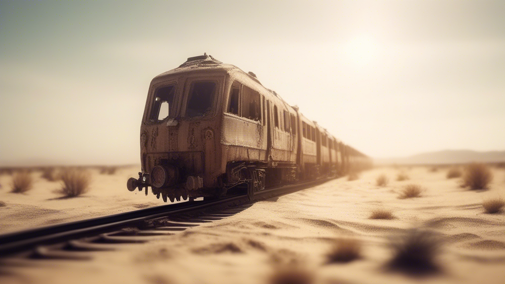 cyberpunk train, post apocalyptic, desert, sand, evil, sunrays generated with Sora Video AI