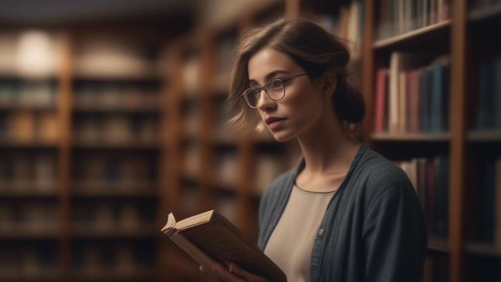 Woman looking confused infront of bookshelf, library, photo generated with Sora Video AI