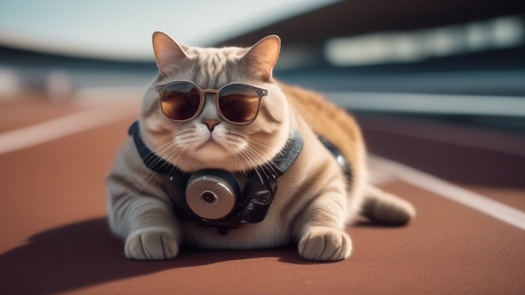 Fat round cat with sunglasses and no limbs lying on racer track, camera on ground generated with Sora Video AI