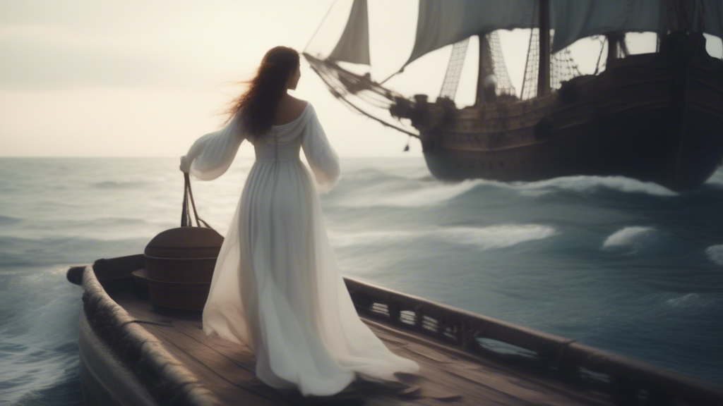 Medieval ship sailing the sea with a romantic girl wearing a white dress generated with Sora Video AI