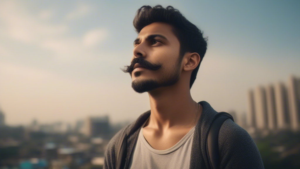 5.6 boy little skinny fat 24 year old little bit cheek beard and chin line beard with moustache in Mumbai looking at sky being king generated with Sora Video AI