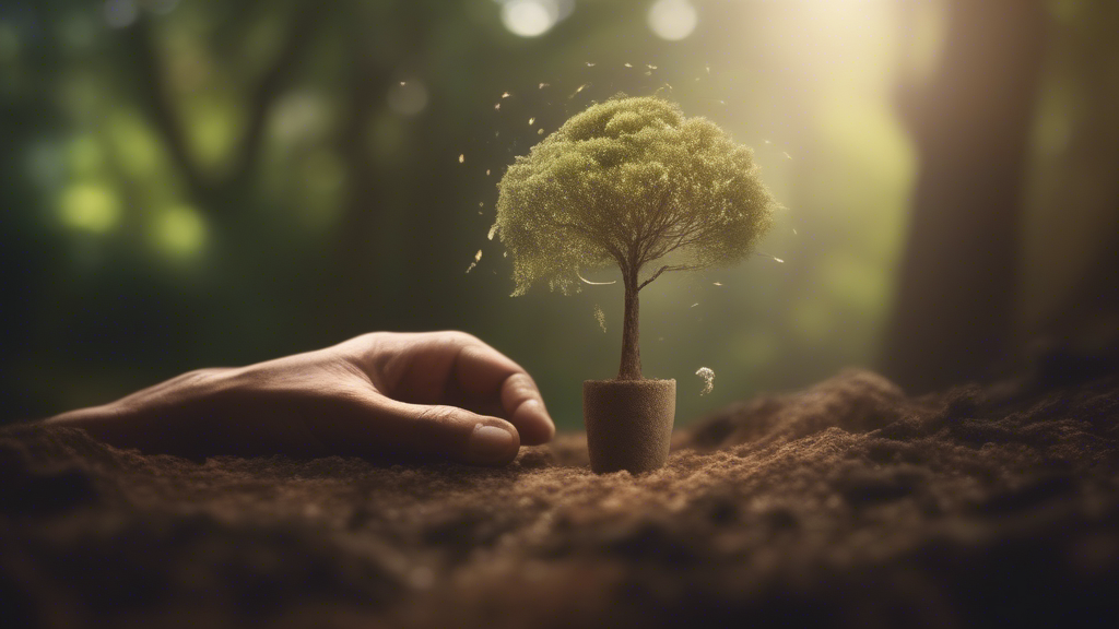 A spiritual wanderer plants a seed from which a large tree grows; in parallel, a mantra sounds, which enters the human heart and spiritual progress and knowledge of God grows generated with Sora Video AI