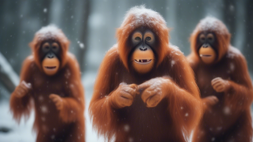 five orang outans dancing and singing in a snowy forest generated with Sora Video AI