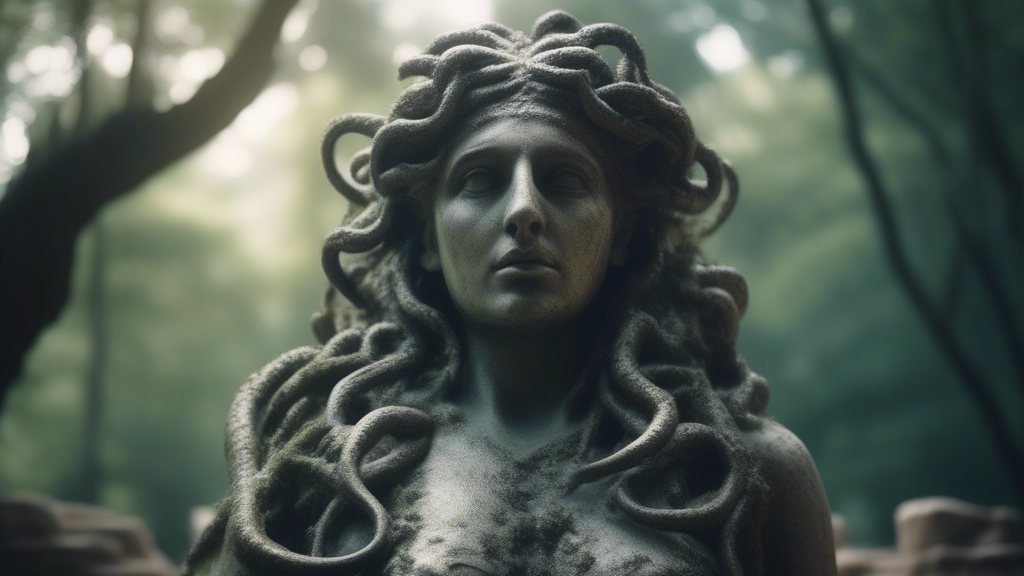 medusa, monster, creature, alive, realistic, photo, 8k, low shot, forest, greek ruins, temple, best quality generated with Sora Video AI