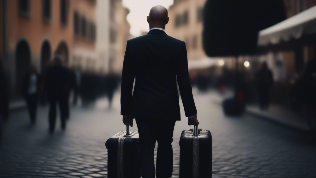 Agent 47, walking towards camera, rome, italy, suitcase, black suit generated with Sora Video AI