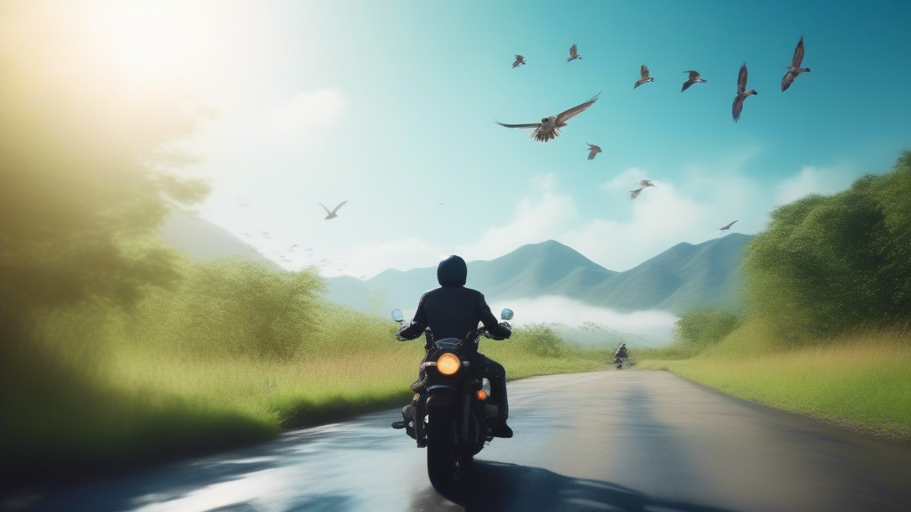 A man drive motorcycle  with blue sky and green trees and mountain and rill birds generated with Sora Video AI