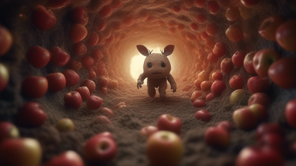 Distored amorphical creature running through fractal tunnel made of apples and dirt generated with Sora Video AI