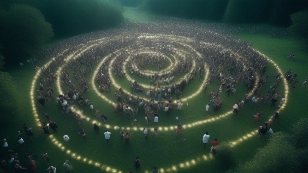 a view from above that just getting farther and farther of hundreds of people dancing in a spiral dance in a magical rave in a green field in the middle of a forest in the middle of the mountains generated with Sora Video AI