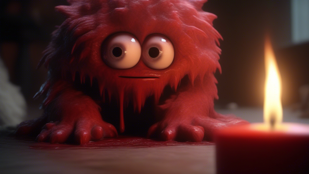 Animated scene features a close-up of a short fluffy monster kneeling beside a melting red candle. The art style is 3D and realistic, with a focus on lighting and texture. The mood of the painting is one of wonder and curiosity, as the monster gazes at the flame with wide eyes and open mouth. Its pose and expression convey a sense of innocence and playfulness, as if it is exploring the world around it for the first time. The use of warm colors and dramatic lighting further enhances the cozy atmosphere of the image. generated with Sora Video AI