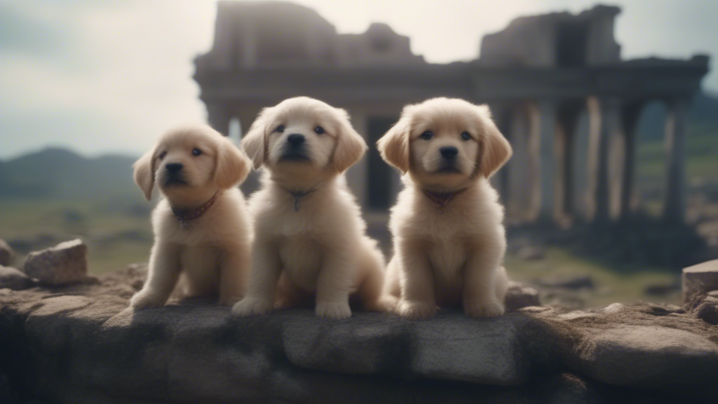 Cinematic trailer for a group of adventurous puppies exploring ruins in the sky generated with Sora Video AI