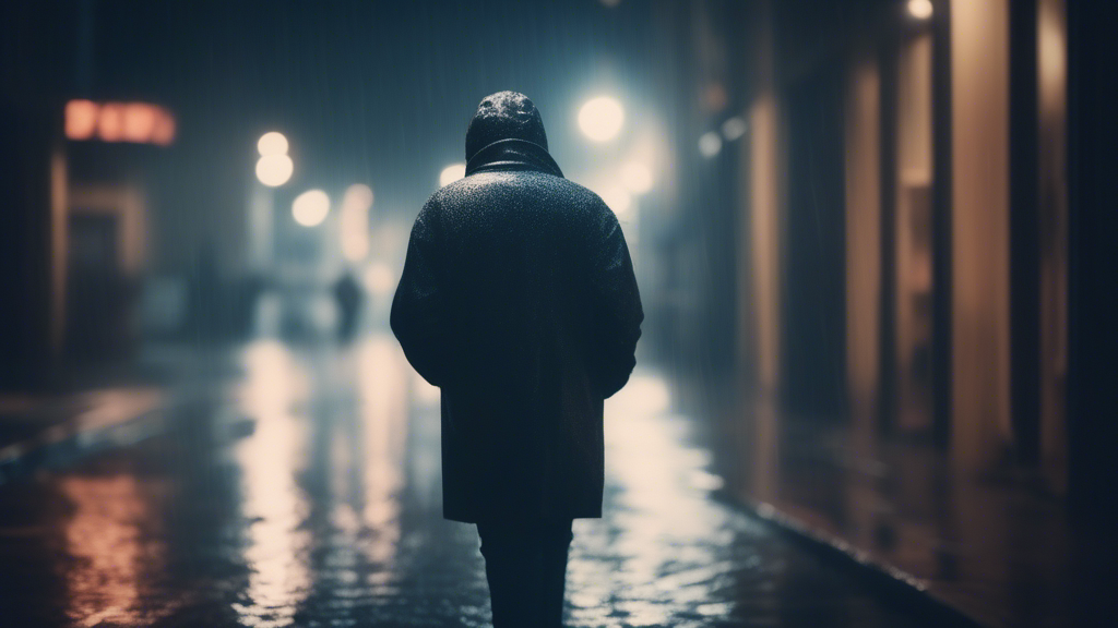 A lonely man walking in the cold streets of the city in the rain one night, who is very tired and sad and has failed in love. generated with Sora Video AI