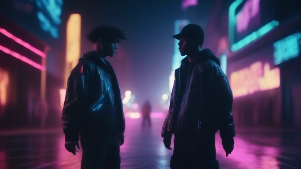 Two guys in black cyberpunk clothes are standing in the middle of the neon street. Camera goes around them in the circle trajectory. The wind is blowing on their clothes. Make the 30 seconds video generated with Sora Video AI