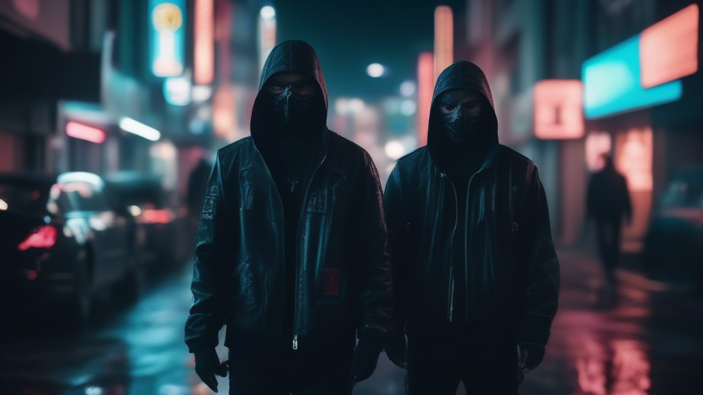 Two guys in blac cyberpunk clothes wearing black masks, so we cant see their faces are standing in the middle of the neon street, there are a lot of cars around them. Camera goes from the top of houses to them. The next scene this guys are walking  near shops generated with Sora Video AI