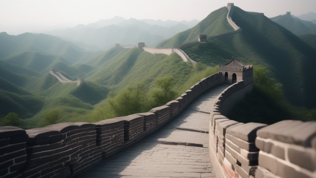 Playing on the Great Wall of China in summer and overlooking the surrounding area generated with Sora Video AI