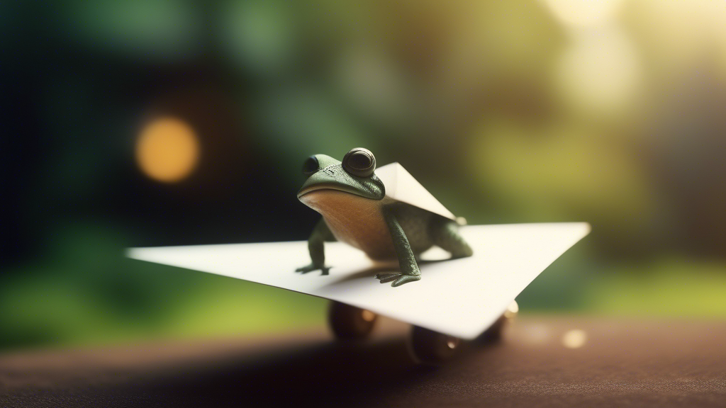 A frog in a turtle shell flies on a paper airplane generated with Sora Video AI