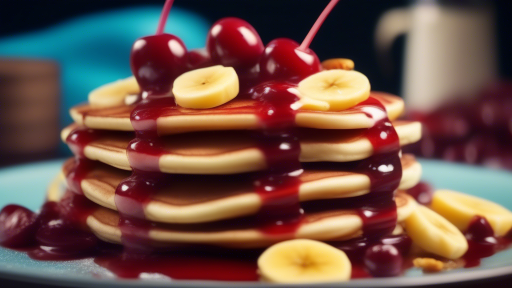 pancake with banana, cherry sauce, candys generated with Sora Video AI