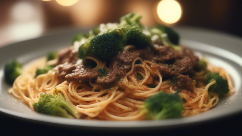 spaghetti with beef and broccoli generated with Sora Video AI