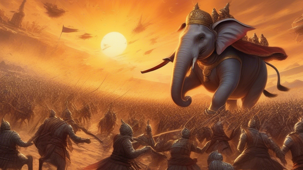 Amidst the vast expanse of the Kurukshetra battlefield, the clash of titans unfolds. The sun blazes overhead, casting long shadows as armies arrayed on opposite sides prepare for the ultimate showdown. Show the sea of soldiers, their banners fluttering in the wind, and the war elephants trumpeting. The air crackles with tension as chariots charge, arrows rain down, and swords clash. Highlight the valor, sacrifice, and strategic maneuvers of both the Pandavas and Kauravas. Let the battlefield breathe with life—dust rising, war cries echoing, and destiny hanging in the balance. This is the moment that will shape the fate of kingdoms and leave an indelible mark on history generated with Sora Video AI