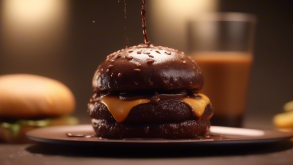 a video where a hamburger is poured with chocolate with a length of 20 generated with Sora Video AI