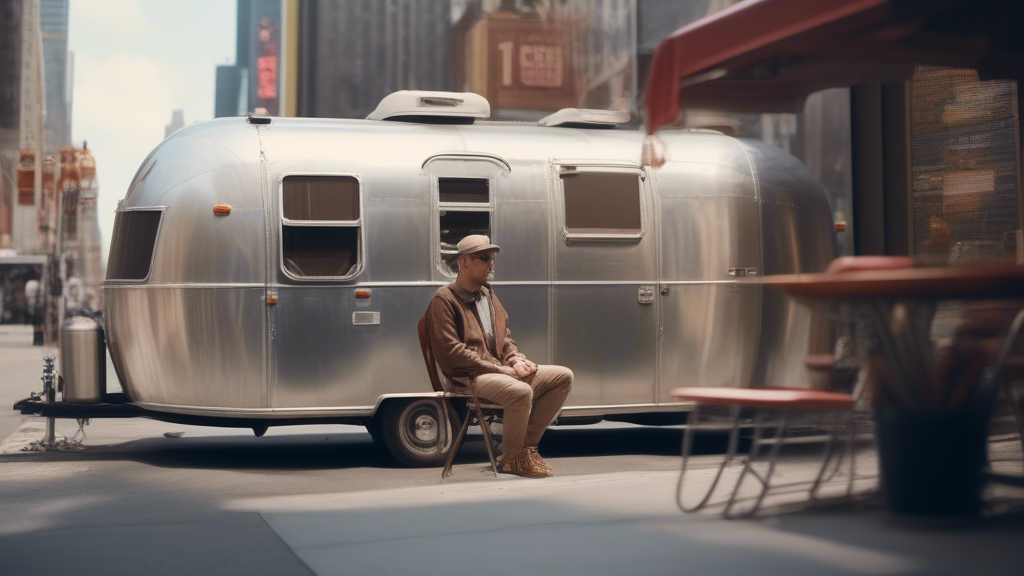 cite guy lives in an airstream trailer and sits before the trailer in the sun , the trailer has been moved to times square generated with Sora Video AI