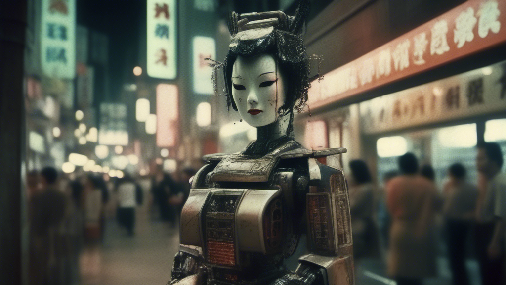 A transforming geisha robot, in a 3D realistic environment, of dark hong kong at night, with many lights, shot in a wide eye 35mm film, generated with Sora Video AI