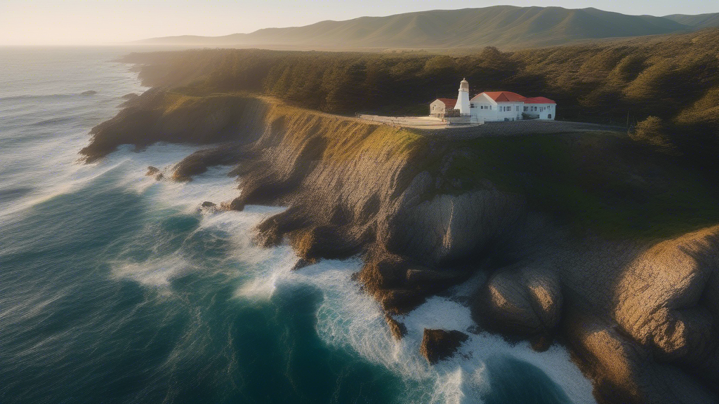 Drone view of train running against the rugged cliffs along garay point beach. The crashing blue waters create white-tipped waves, while the golden light of the setting sun illuminates the rocky shore. A small island with a lighthouse sits in the distance, and green shrubbery covers the cliff's edge. This is a view that captures the raw beauty of the coast and the rugged landscape of the pacific coast highway. generated with Sora Video AI