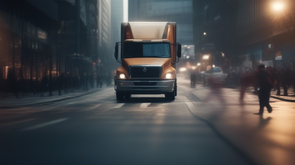 a heavy-duty truck is taking a turn in an urban city and is about to hit a pedestrian who is walking by the blind side of the heavy-duty truck generated with Sora Video AI