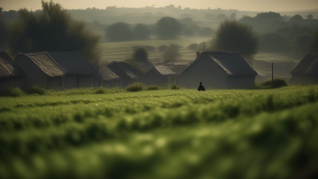 A beautiful village with green fields where a person is working in that fields in the early morning with beautiful birds but slowly the fields get dried and the  climate slowly turns into darkness and all the birds will fell down and a dark spirits rise from that fields generated with Sora Video AI