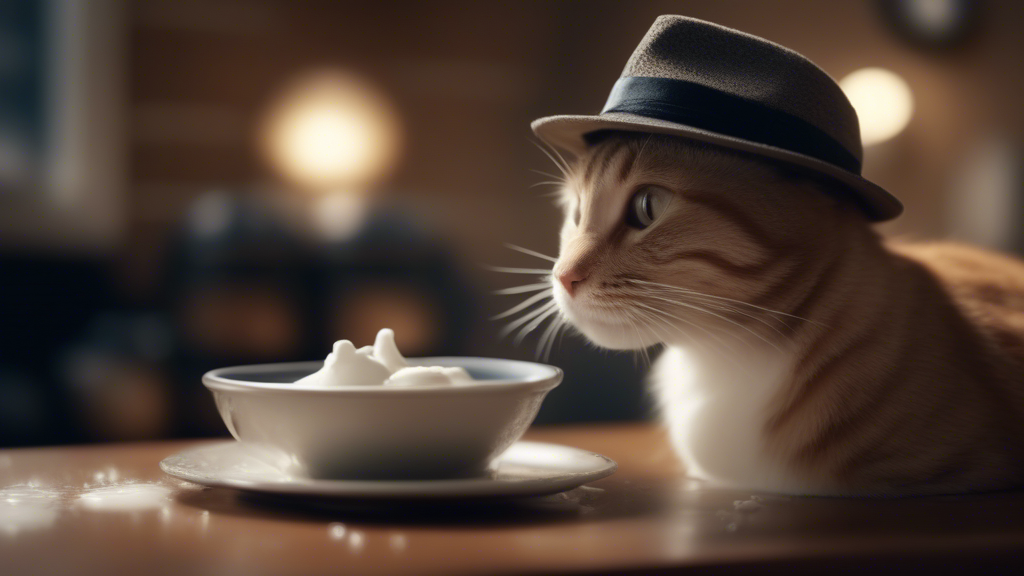 cat wearing a detective hat, investigating a bowl of spilled milk generated with Sora Video AI