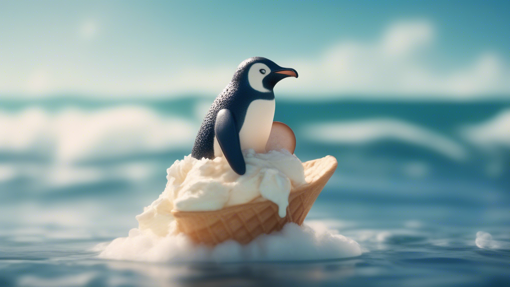 penguin surfing on a giant ice cream cone in the ocean generated with Sora Video AI