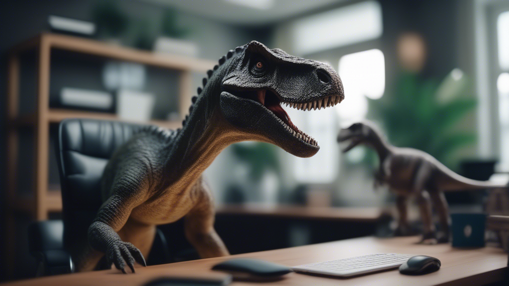 dinosaur trying to fit into a modern-day office generated with Sora Video AI