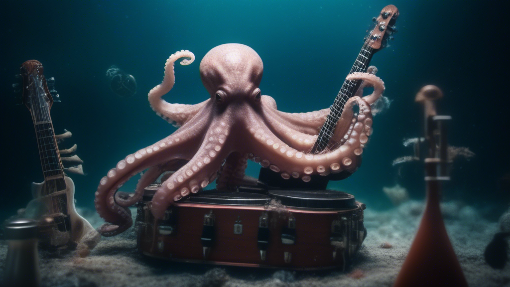 octopus playing multiple musical instruments at once in an underwater concert generated with Sora Video AI