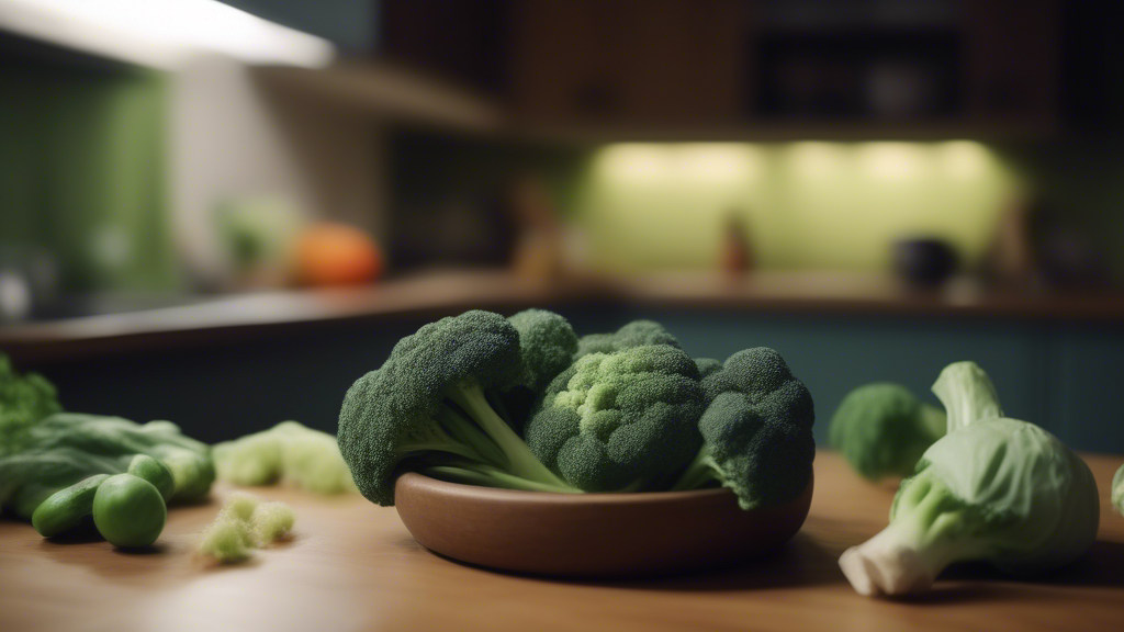 group of vegetables staging a play in the kitchen, with a broccoli as the lead actor generated with Sora Video AI