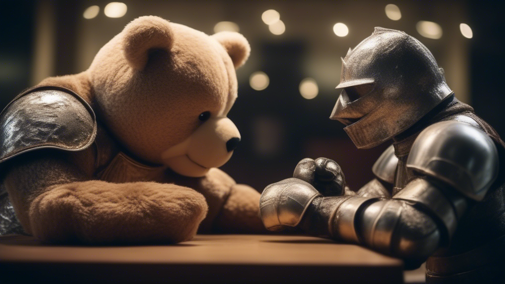 knight in shining armor arm-wrestling with a giant teddy bear generated with Sora Video AI