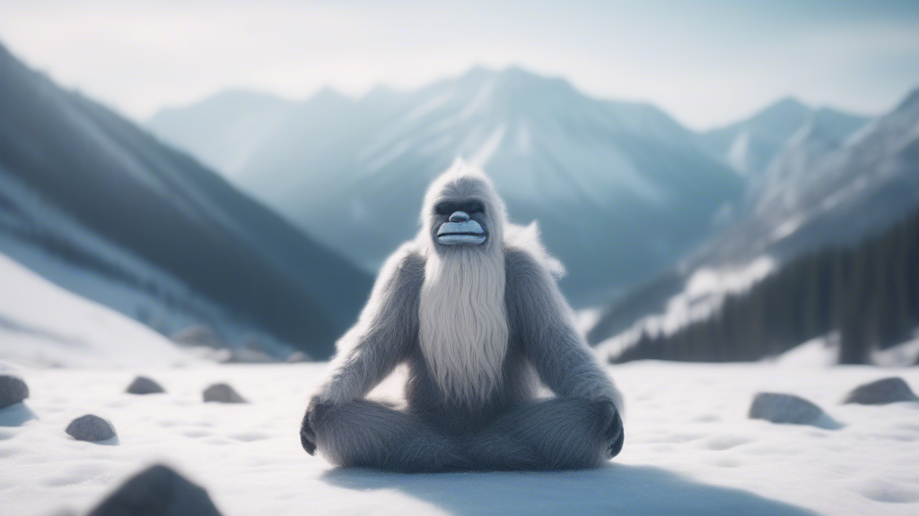 yeti doing yoga in a snowy mountain landscape generated with Sora Video AI