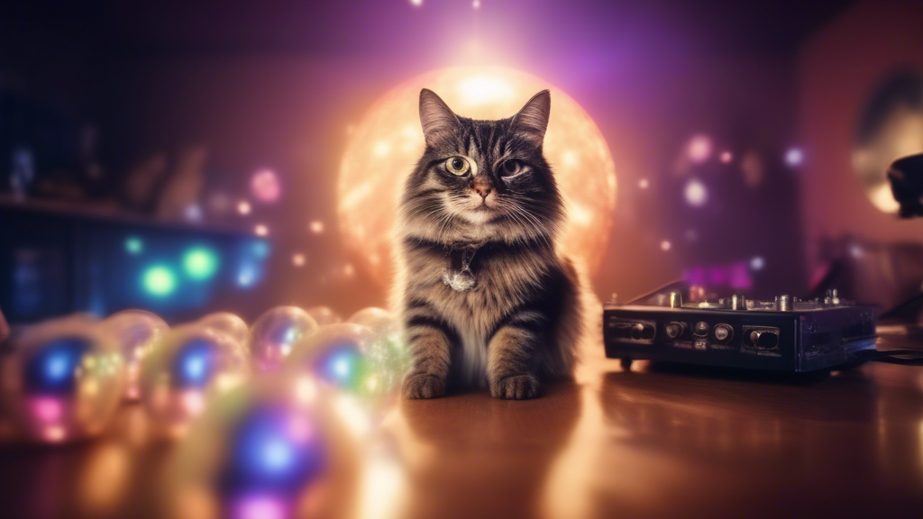 cat DJ hosting a party for dogs in a disco ball-lit room generated with Sora Video AI