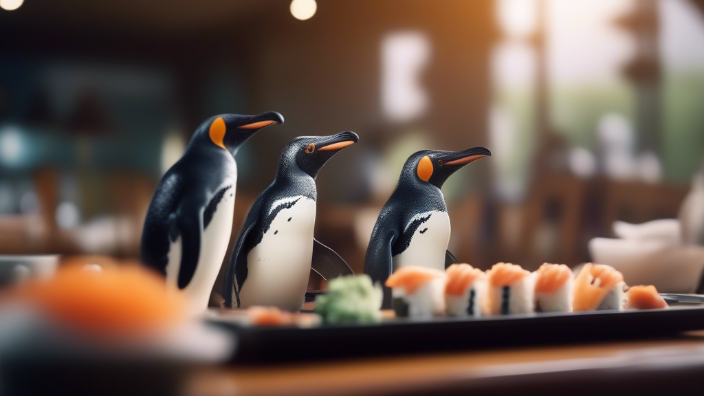 group of penguins running a sushi restaurant on a tropical island generated with Sora Video AI