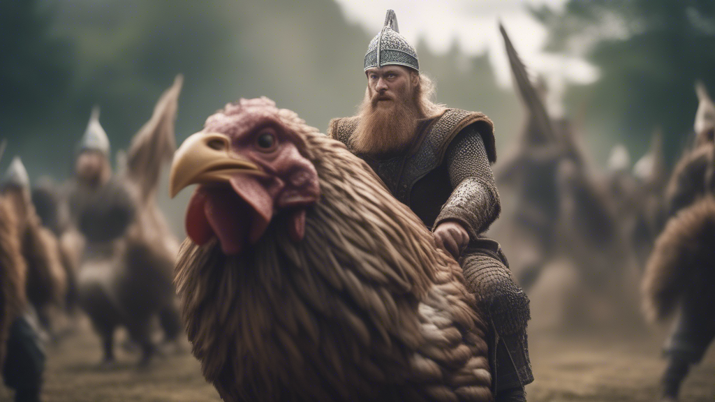 Vikings riding giant chickens into a whimsical battle generated with Sora Video AI