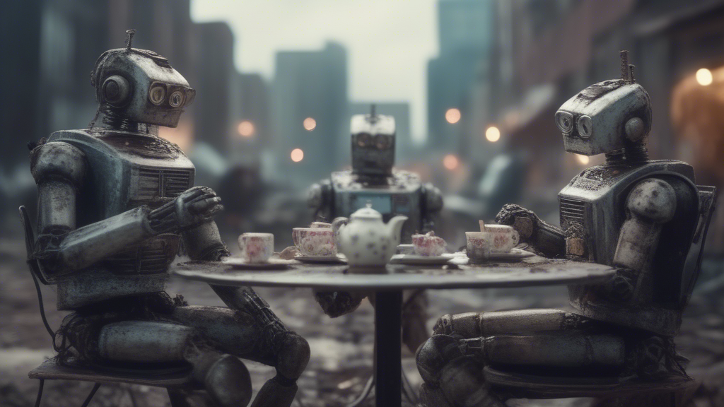 Robots having a tea party in a post-apocalyptic cityscape generated with Sora Video AI