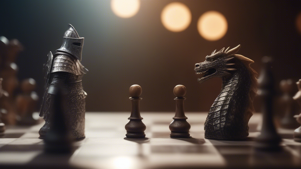 A knight in shining armor facing a dragon in a chess game generated with Sora Video AI