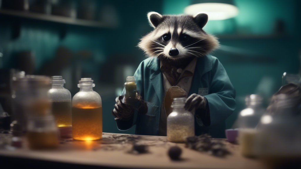 mad scientist raccoon concocting a potion for endless garbage generated with Sora Video AI